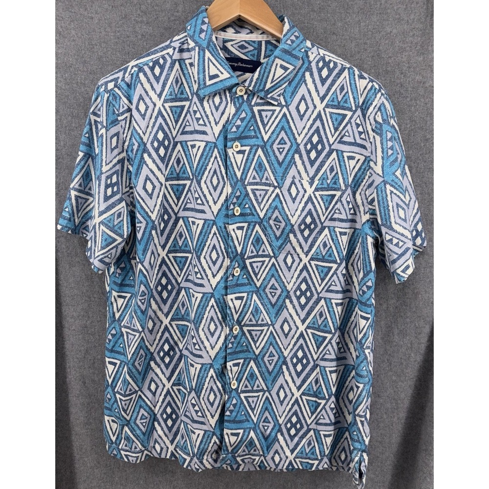 Tommy Bahama‎ Mens Silk Blend Camp Button Up Large Geometric Coconut Button - Picture 2 of 8